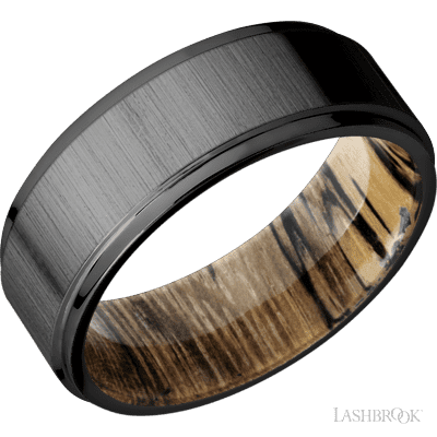 8 mm wide Flat Grooved Edges Zirconium band featuring a Spalted Tamarind sleeve.