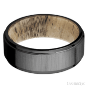 8 mm wide Flat Grooved Edges Zirconium band featuring a Spalted Tamarind sleeve.