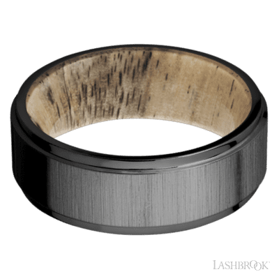 8 mm wide Flat Grooved Edges Zirconium band featuring a Spalted Tamarind sleeve.