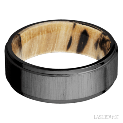 8 mm wide Flat Grooved Edges Zirconium band featuring a Spalted Tamarind sleeve.