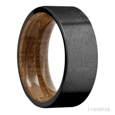8 mm wide Flat Zirconium band featuring a Whiskey Barrel sleeve.