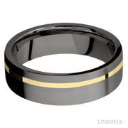 7 mm wide/Flat/Tantalum Noir band with one 1 mm Off Center inlay of 14K Yellow Gold.