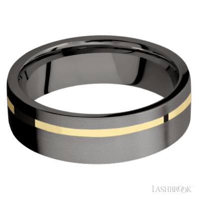 7 mm wide/Flat/Tantalum Noir band with one 1 mm Off Center inlay of 14K Yellow Gold.