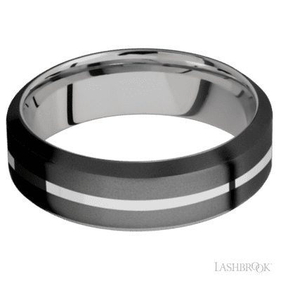 7 mm wide/High Bevel/Zirconium band with one 1 mm Centered inlay of Palladium Silver also featuring a Palladium Silver sleeve.