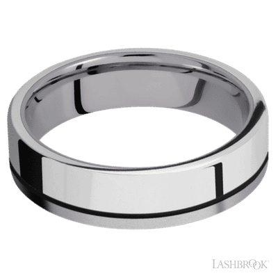 6 mm wide/Flat/Tantalum band with one 4 mm Off Center Edge inlay of Palladium Silver.