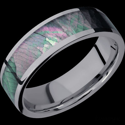 7 mm wide/Flat/Tantalum band with one 5 mm Centered inlay of Black Mother of Pearl.