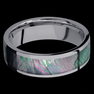 7 mm wide/Flat/Tantalum band with one 5 mm Centered inlay of Black Mother of Pearl.