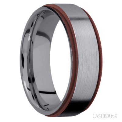 7 mm wide/Flat Grooved Edges/Tantalum band with two 1 mm Edge inlays of Crimson.