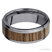 8 mm wide/Flat Grooved Edges/Tantalum band with one 5 mm Centered inlay of Walnut.