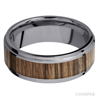 8 mm wide/Flat Grooved Edges/Tantalum band with one 5 mm Centered inlay of Walnut.
