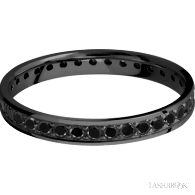 3 mm wide/Flat/Zirconium band with an Eternity arrangement of .03 carat Round Black Diamond stones in a Bead setting.