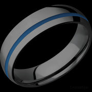 6 mm wide/Domed/Zirconium band with one 1 mm Off Center inlay of Ridgeway Blue.