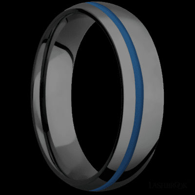 6 mm wide/Domed/Zirconium band with one 1 mm Off Center inlay of Ridgeway Blue.