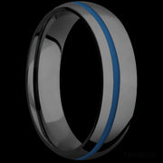 6 mm wide/Domed/Zirconium band with one 1 mm Off Center inlay of Ridgeway Blue.