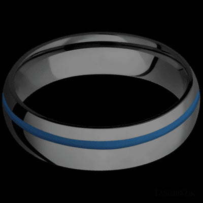 6 mm wide/Domed/Zirconium band with one 1 mm Off Center inlay of Ridgeway Blue.