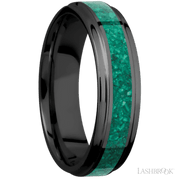 6 mm wide/Flat Grooved Edges/Zirconium band with one 3 mm Centered inlay of Malachite.