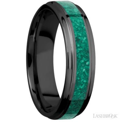 6 mm wide/Flat Grooved Edges/Zirconium band with one 3 mm Centered inlay of Malachite.