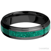 6 mm wide/Flat Grooved Edges/Zirconium band with one 3 mm Centered inlay of Malachite.