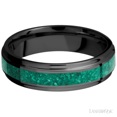 6 mm wide/Flat Grooved Edges/Zirconium band with one 3 mm Centered inlay of Malachite.