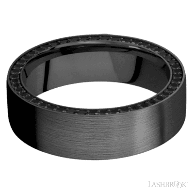 7 mm wide/Flat/Zirconium band with a Side Eternity arrangement of .01 carat Round Black Diamond stones in a Bead setting.
