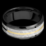 8 mm wide/Beveled/Zirconium band featuring inlays of Meteorite and 14K Yellow Gold.