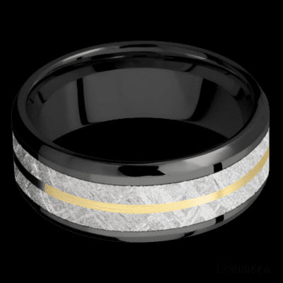 8 mm wide/Beveled/Zirconium band featuring inlays of Meteorite and 14K Yellow Gold.