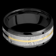 8 mm wide/Beveled/Zirconium band featuring inlays of Meteorite and 14K Yellow Gold.