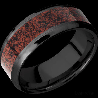 8 mm wide/Beveled/Zirconium band with one 5 mm Centered inlay of Dinosaur Bone Red.