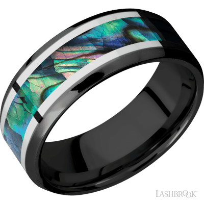 8 mm wide/Beveled/Zirconium band featuring inlays of Palladium Silver and Abalone.