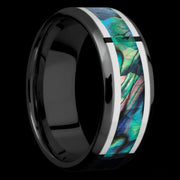 8 mm wide/Beveled/Zirconium band featuring inlays of Palladium Silver and Abalone.