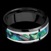 8 mm wide/Beveled/Zirconium band featuring inlays of Palladium Silver and Abalone.