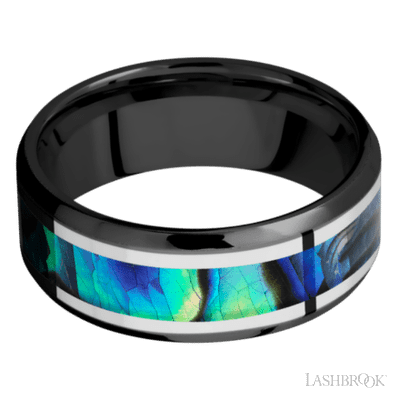 8 mm wide/Beveled/Zirconium band featuring inlays of Palladium Silver and Abalone.