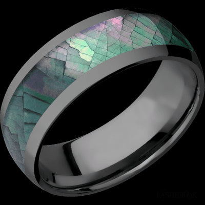 8 mm wide/Domed/Zirconium band with one 5 mm Centered inlay of Black Mother of Pearl.