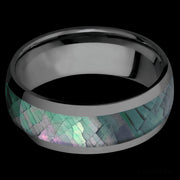 8 mm wide/Domed/Zirconium band with one 5 mm Centered inlay of Black Mother of Pearl.