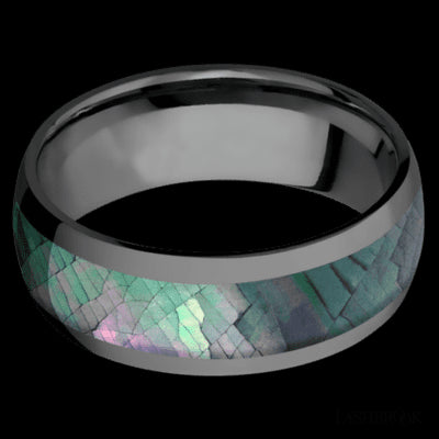 8 mm wide/Domed/Zirconium band with one 5 mm Centered inlay of Black Mother of Pearl.