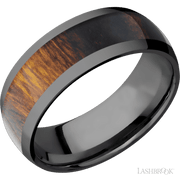 8 mm wide/Domed/Zirconium band with one 5 mm Centered inlay of Desert Iron Wood.