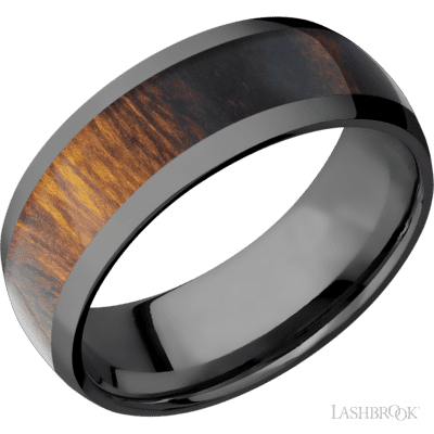 8 mm wide/Domed/Zirconium band with one 5 mm Centered inlay of Desert Iron Wood.