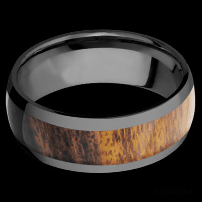 8 mm wide/Domed/Zirconium band with one 5 mm Centered inlay of Desert Iron Wood.