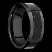 8 mm wide/Flat/Zirconium band with one 5 mm Centered inlay of Dinosaur Bone Black.