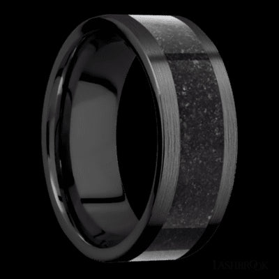 8 mm wide/Flat/Zirconium band with one 5 mm Centered inlay of Dinosaur Bone Black.