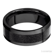 8 mm wide/Flat/Zirconium band with one 5 mm Centered inlay of Dinosaur Bone Black.