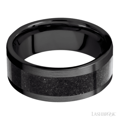 8 mm wide/Flat/Zirconium band with one 5 mm Centered inlay of Dinosaur Bone Black.