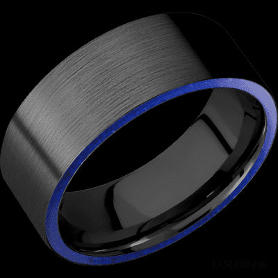 8 mm wide/Flat/Zirconium band with two 1 mm Side inlays of Lapis.