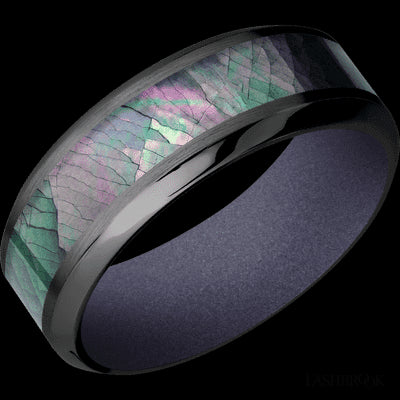 8 mm wide/High Bevel/Zirconium band with one 4 mm Centered inlay of Black Mother of Pearl also featuring a Crushed Orchid sleeve.