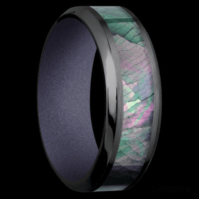 8 mm wide/High Bevel/Zirconium band with one 4 mm Centered inlay of Black Mother of Pearl also featuring a Crushed Orchid sleeve.