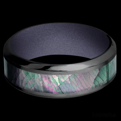 8 mm wide/High Bevel/Zirconium band with one 4 mm Centered inlay of Black Mother of Pearl also featuring a Crushed Orchid sleeve.
