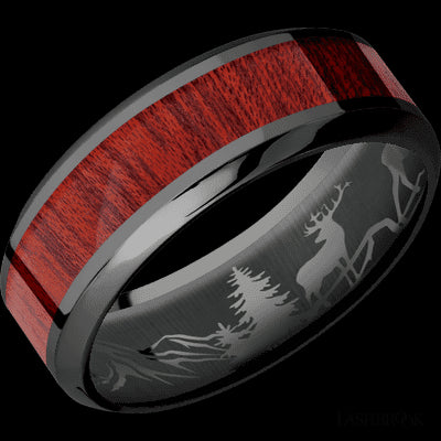 8 mm wide/High Bevel/Zirconium band with one 4 mm Centered inlay of Blood Wood.