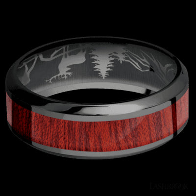 8 mm wide/High Bevel/Zirconium band with one 4 mm Centered inlay of Blood Wood.