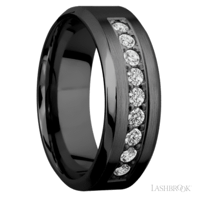 8 mm wide/High Bevel/Zirconium band with an  arrangement of 9, .05 carat Round Diamond stones in a Bead setting.