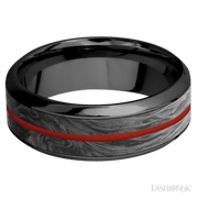 8 mm wide/High Bevel/Zirconium band featuring inlays of Forged Carbon Fiber and Red Apple.